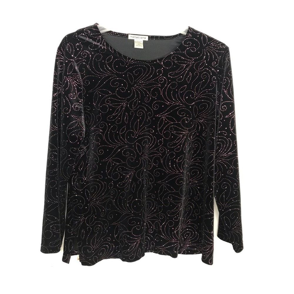 Notations Womens Blouse Black Pink Long Sleeve Stretch Rhinestone Dressy XL